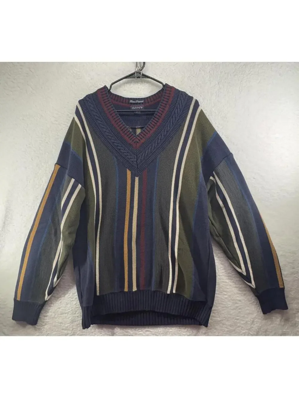 Vintage Cricket Cable Knit Sweater Mens XL Hand Framed Stripe 90s Preppy V Neck